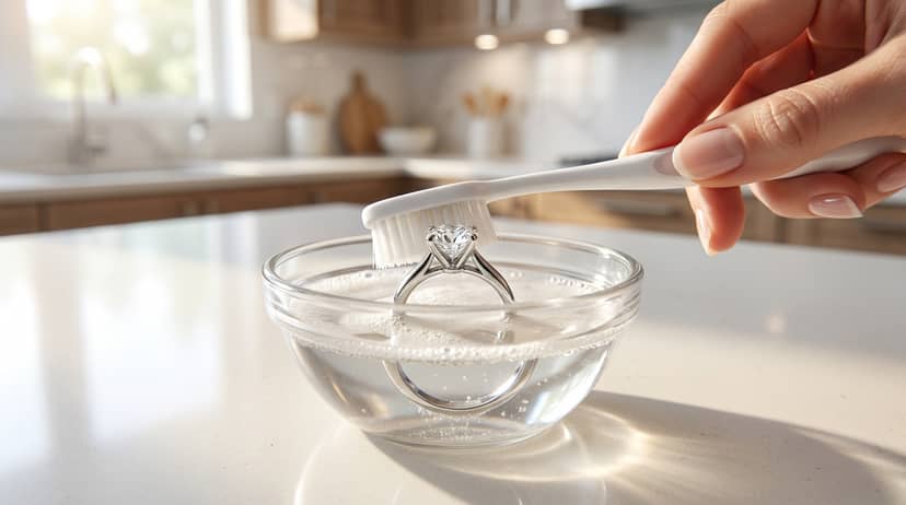 Limpieza casera de anillo de compromiso con cepillo suave y agua jabonosa