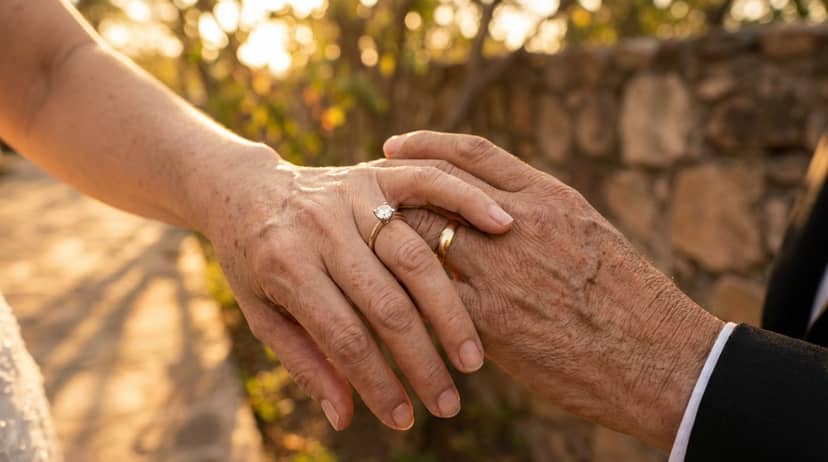 Manos de pareja con anillo de compromiso y argolla de matrimonio