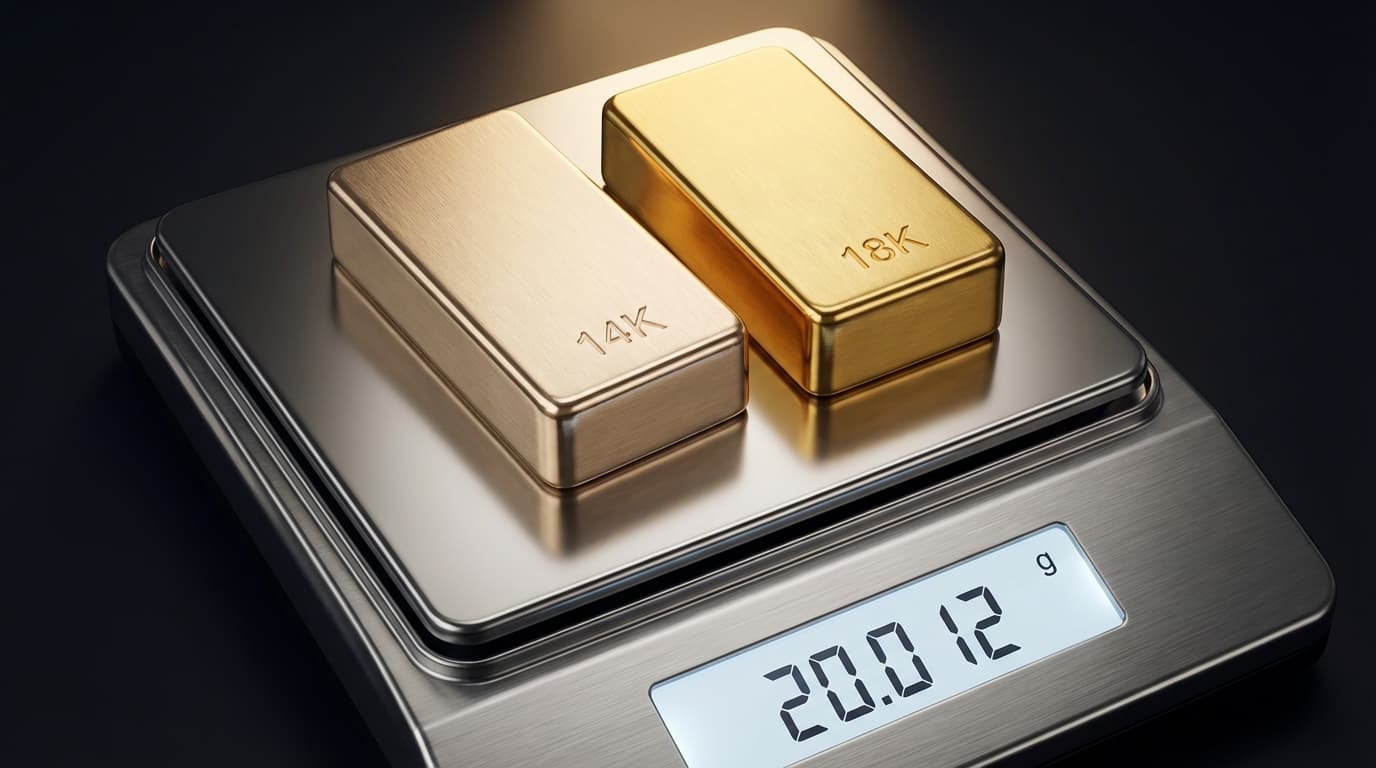 Comparación de barras de oro 14K y 18K en báscula de joyero