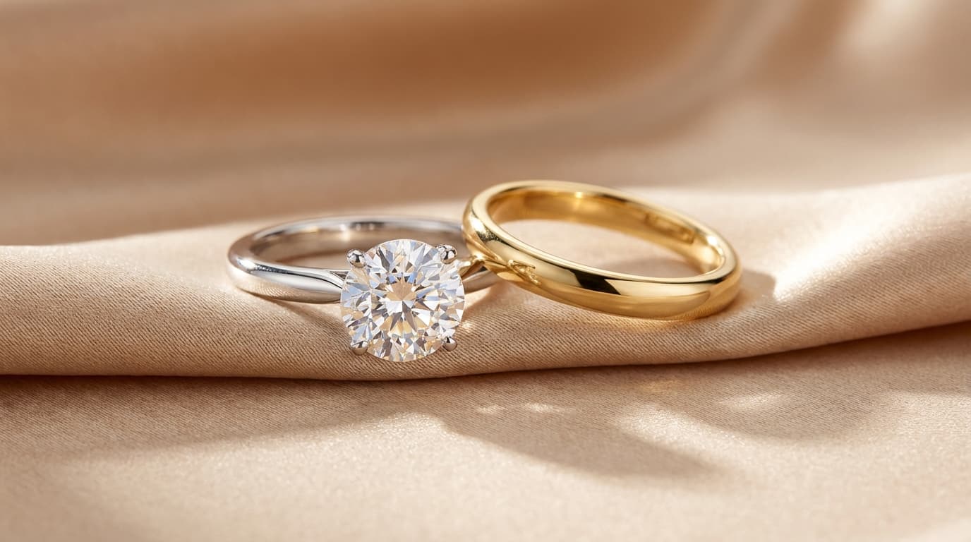 Anillo de compromiso con diamante y argolla de matrimonio lisa lado a lado sobre satín