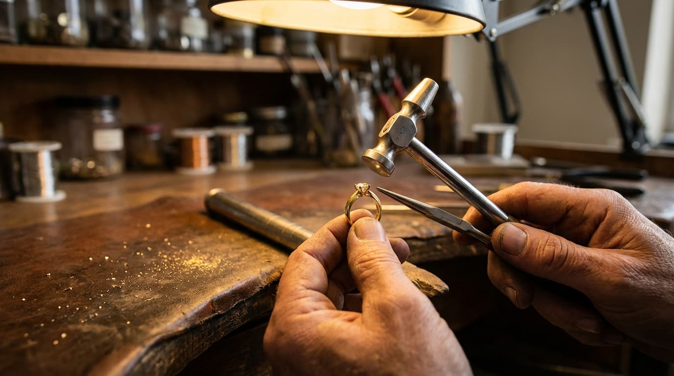 Joyero profesional ajustando el tamaño de un anillo de compromiso