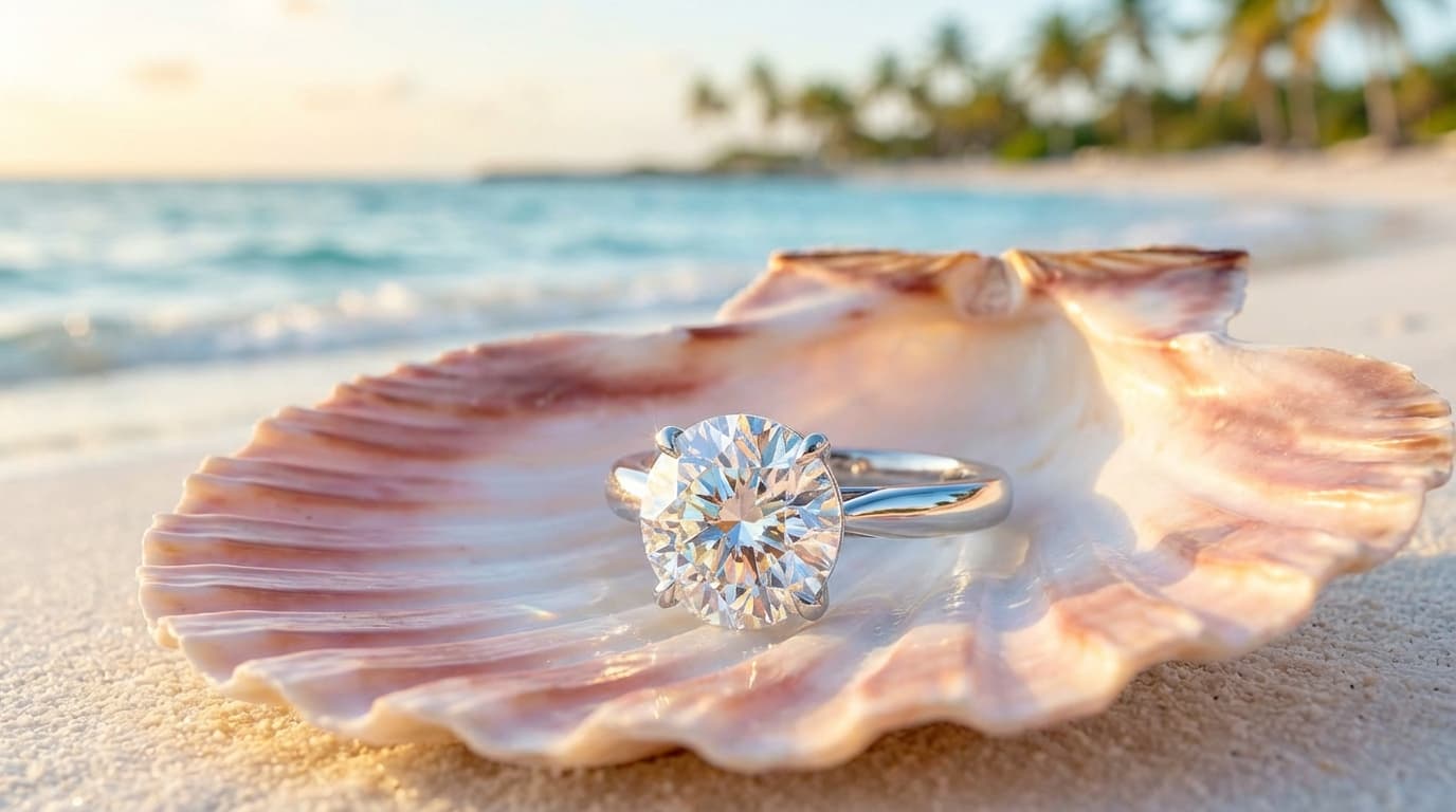 Anillo de compromiso sobre concha de mar en playa tropical con agua turquesa
