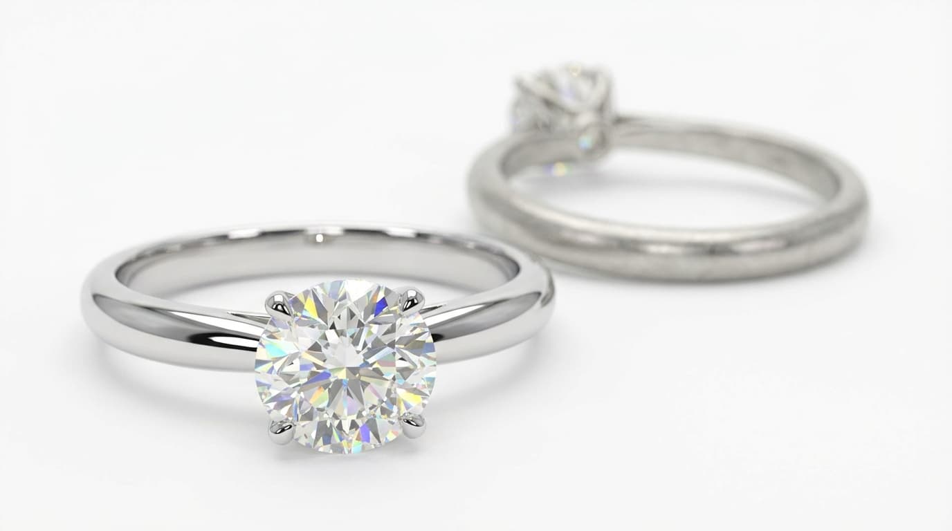 Anillo de diamante brillando con prismas de luz arcoíris, limpio y reluciente