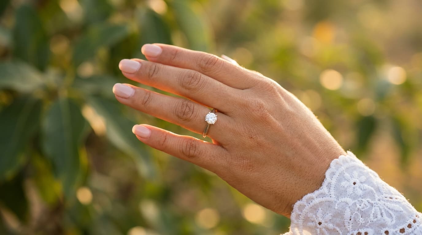Mano de mujer con anillo de compromiso en el dedo anular izquierdo