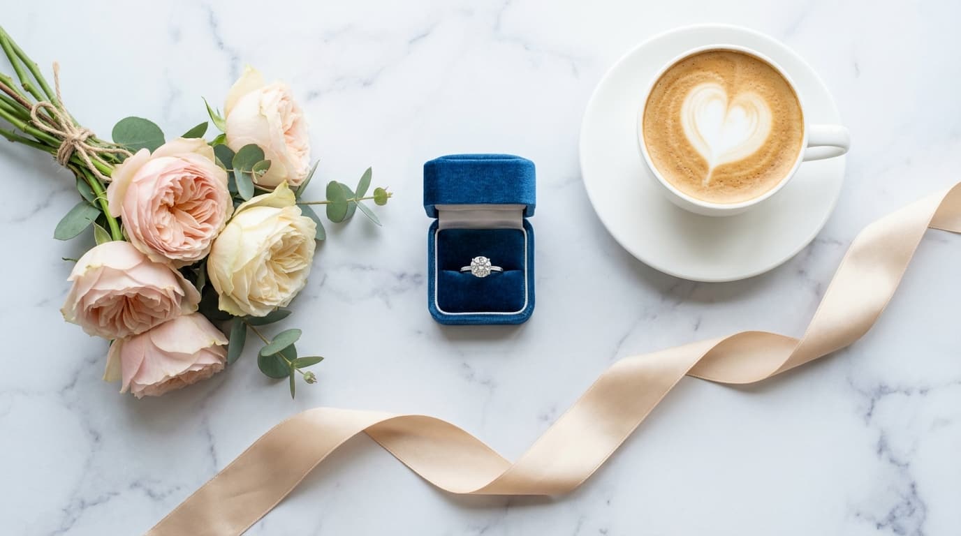 Composición flat lay estilo Instagram con anillo de compromiso, flores, café y cinta de seda