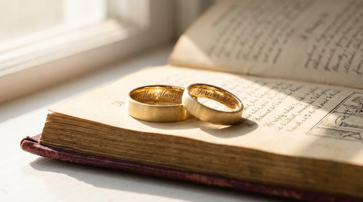Inscripción personalizada grabada dentro de argollas de matrimonio en oro