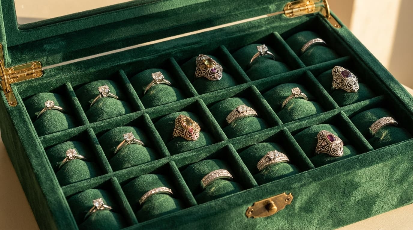 Joyero organizado con compartimentos de terciopelo para guardar anillos correctamente