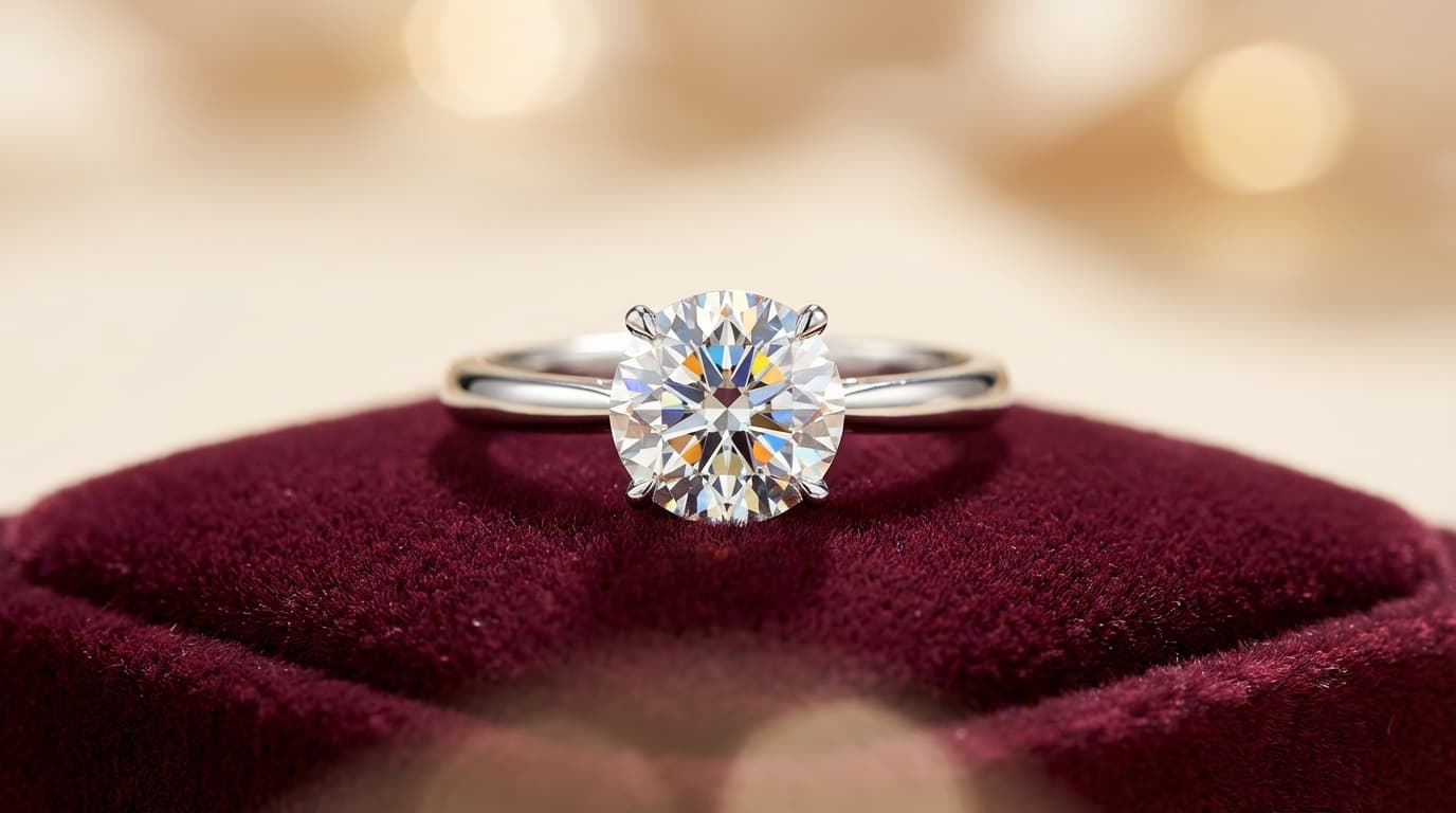 Anillo de compromiso con diamante solitario en oro blanco sobre display de terciopelo