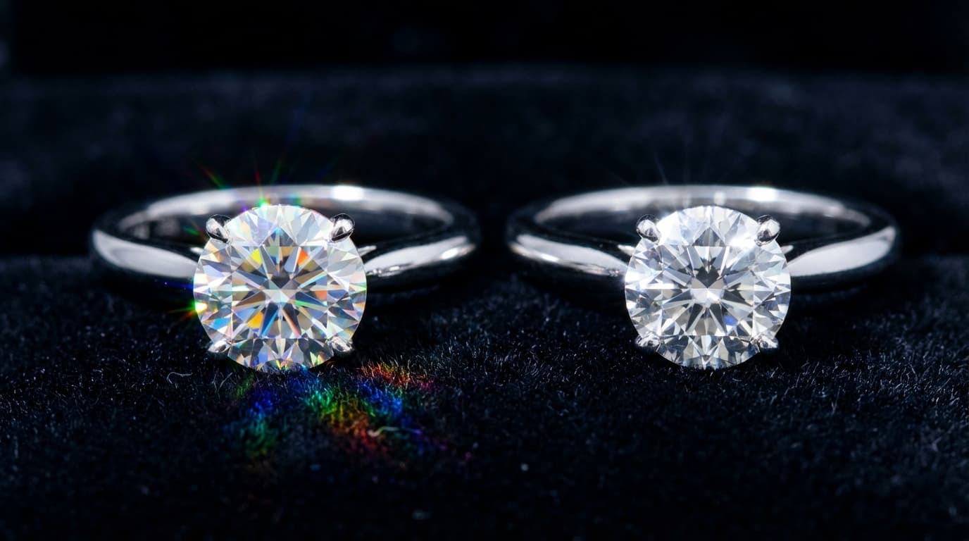 Comparación del brillo de moissanita con doble refracción vs diamante natural