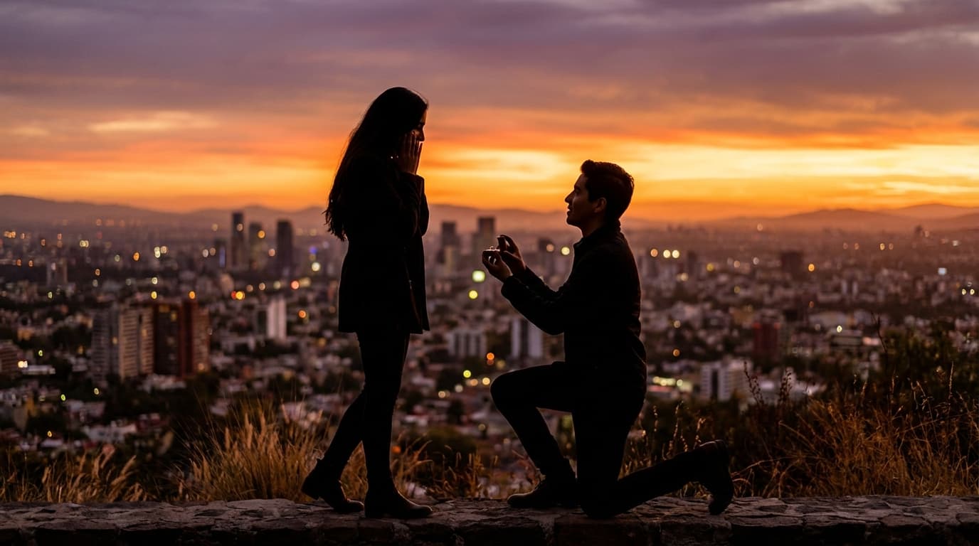 Pareja en silueta al atardecer dorado, momento de propuesta de matrimonio