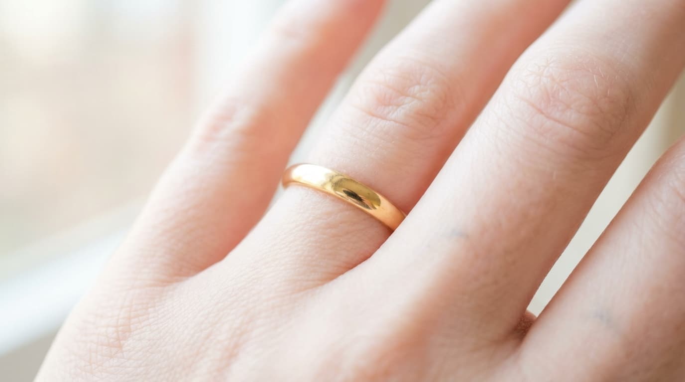 Mano femenina con anillo de oro hipoalergénico sobre piel sensible