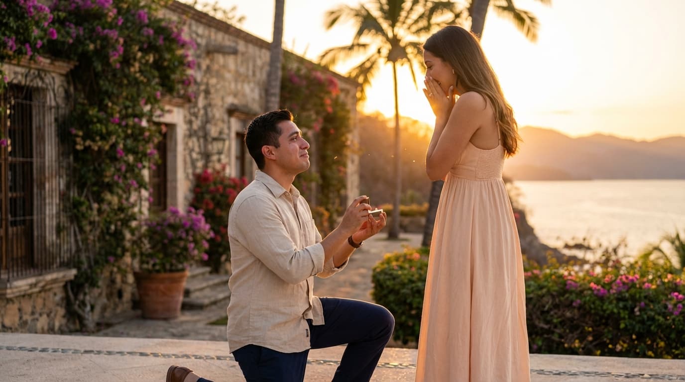Pareja durante propuesta de matrimonio al atardecer en México