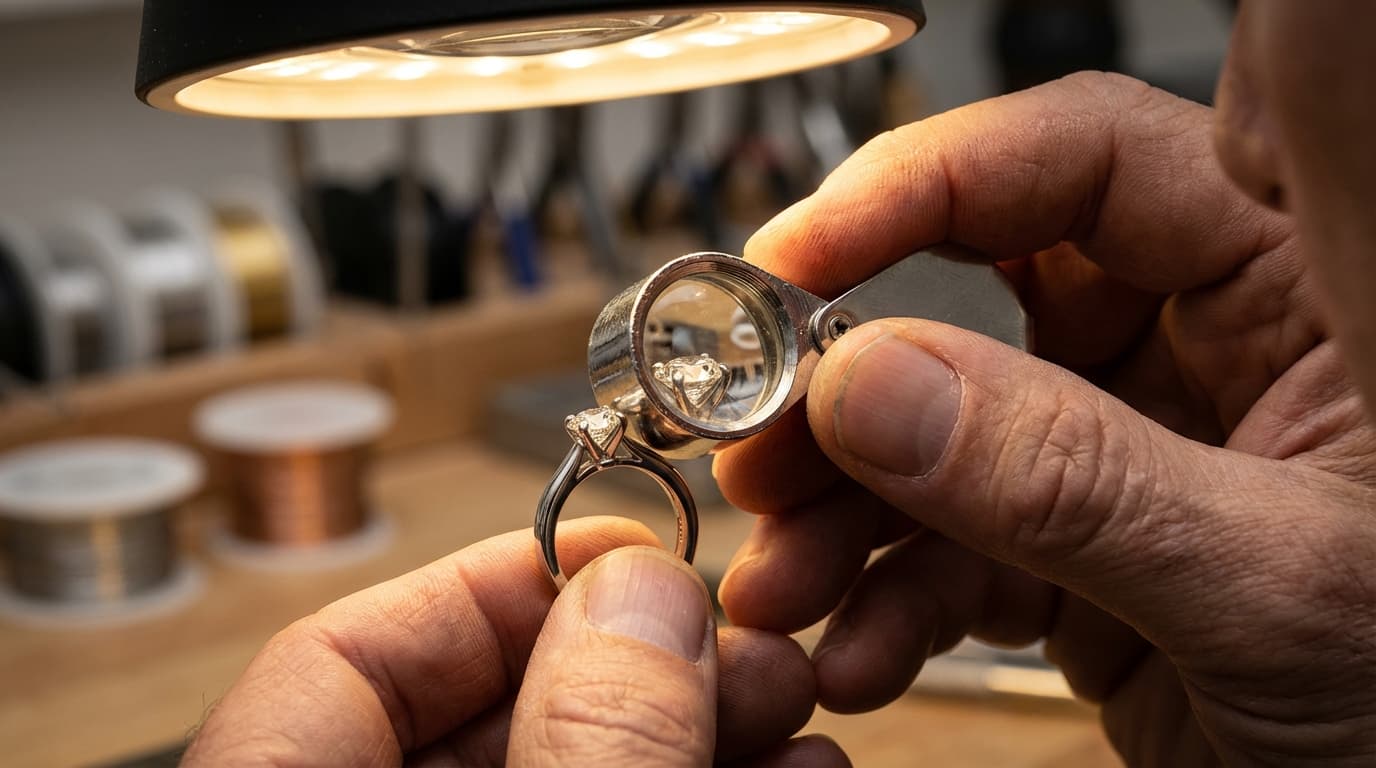 Joyero inspeccionando garras de diamante en anillo con lupa de aumento
