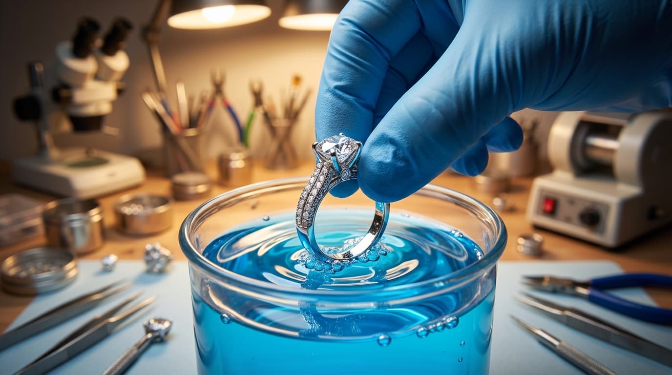 Anillo de oro blanco siendo sumergido en solución de rodio para baño electrolítico