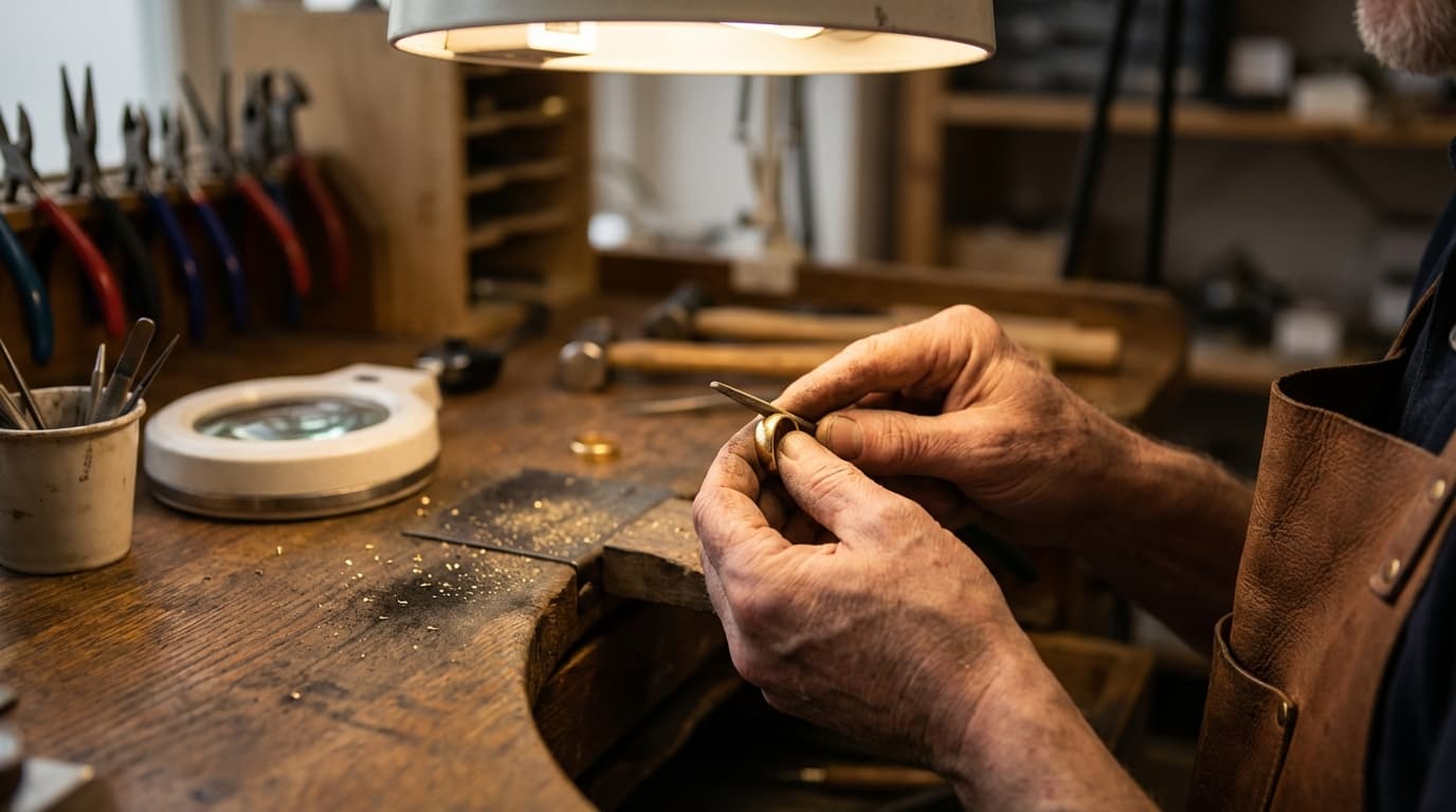 Manos de artesano joyero creando un anillo de compromiso personalizado en su taller con herramientas de precisión