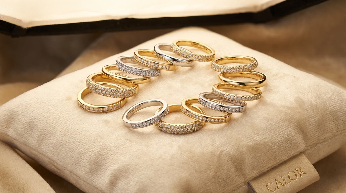 Colección de churumbelas mexicanas: estilos pavé, canal y media eternidad en oro amarillo y blanco con diamantes