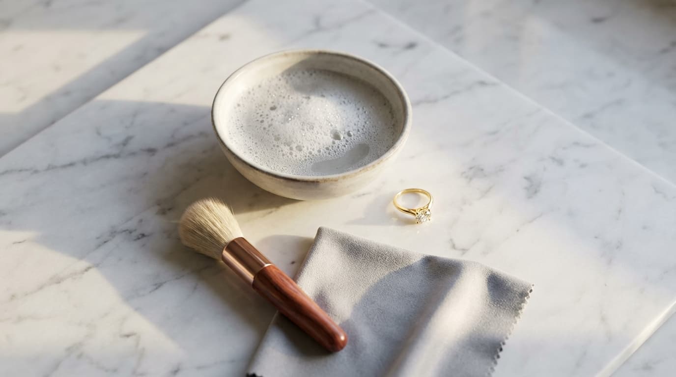 Kit de limpieza de joyas sobre mármol blanco: cepillo suave, paño de microfibra, agua jabonosa y anillo de oro con diamante