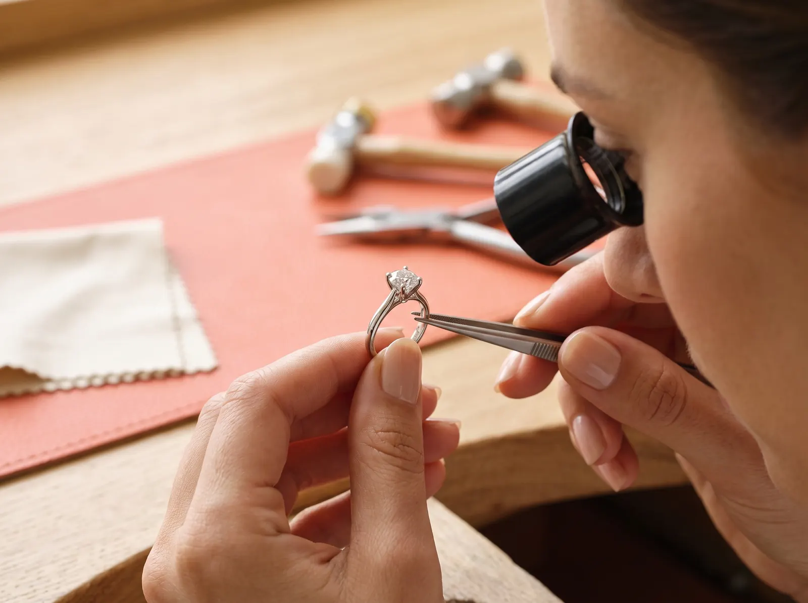 Joyera revisa con lupa y pinzas las garras que sostienen el diamante de un anillo de compromiso de oro blanco