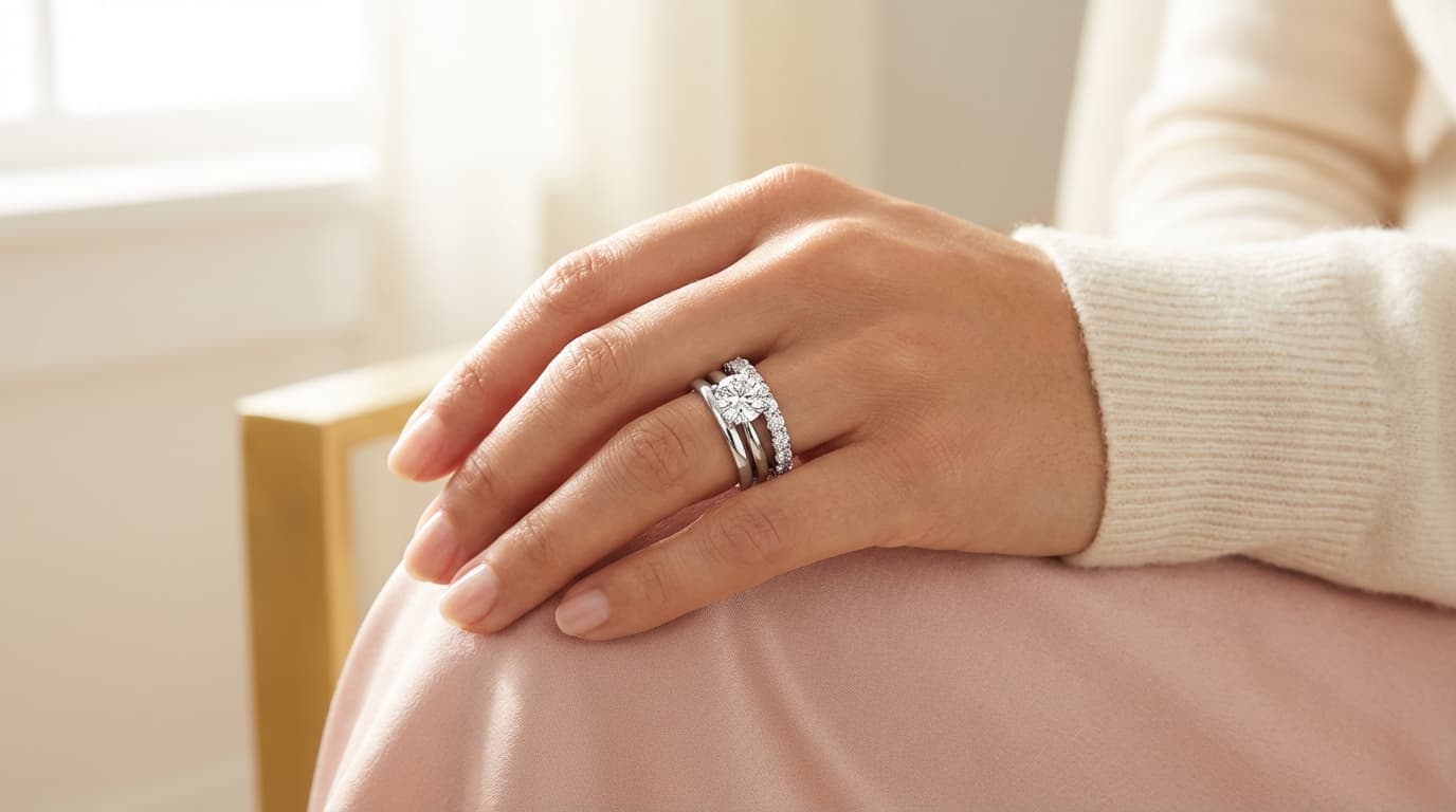 Cómo combinar anillo, argolla y churumbela Mano femenina con tres anillos apilados: compromiso, argolla y churumbela