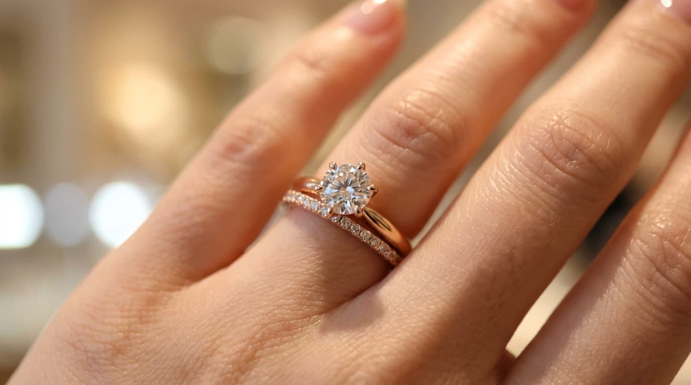 Cómo Combinar el Anillo de Compromiso con la Argolla Anillo de compromiso y argolla de matrimonio combinados perfectamente en mano femenina