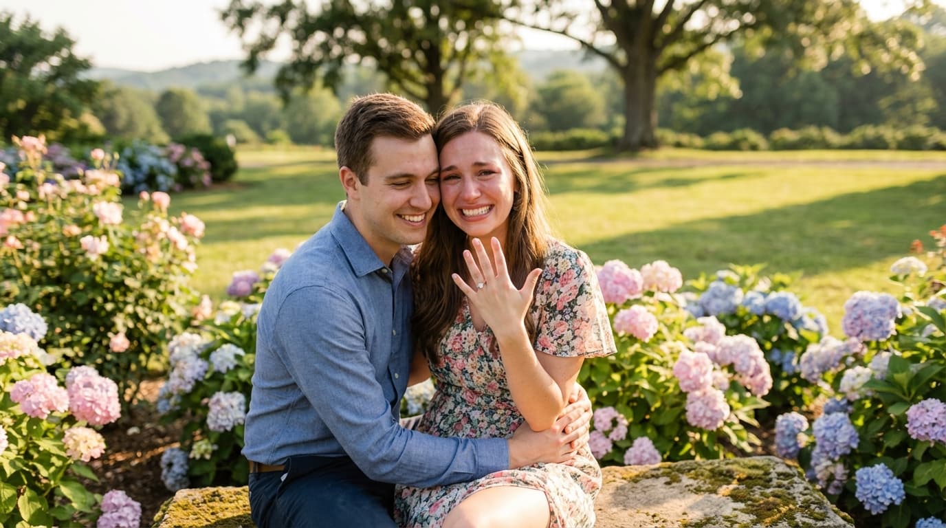 Historias Reales de Propuestas Exitosas Pareja feliz después de propuesta de matrimonio sorpresa mostrando anillo