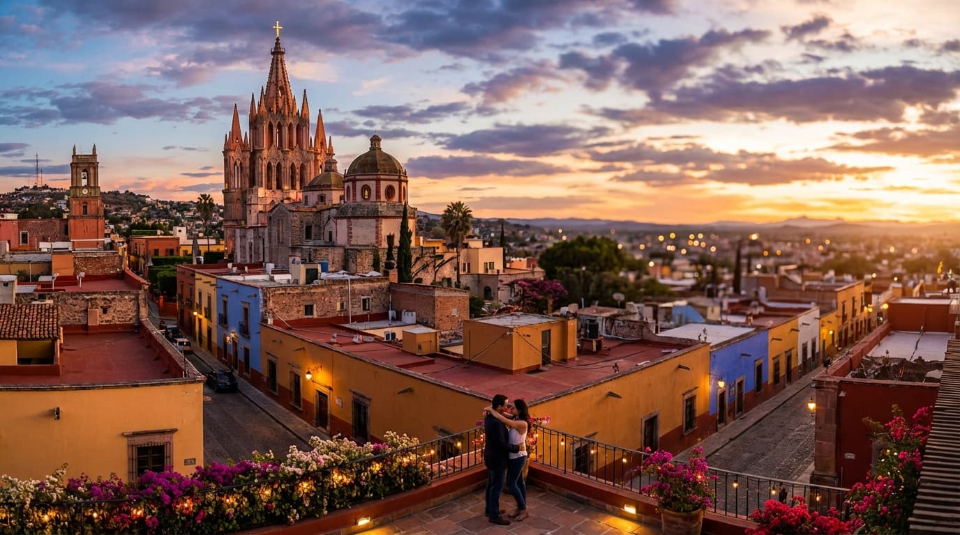 Lugares románticos para proponer matrimonio en México Vista panorámica de San Miguel de Allende al atardecer con la Parroquia de fondo
