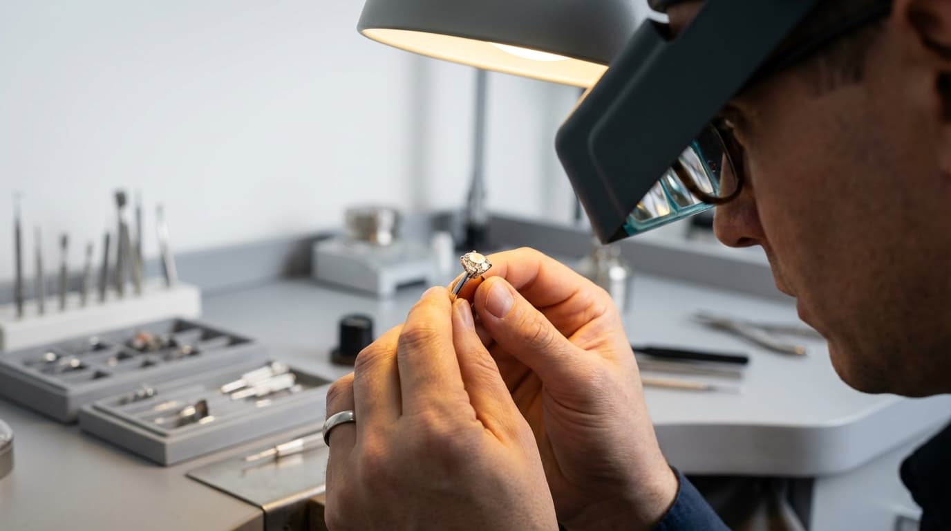 ¿Cada Cuánto Llevar tu Anillo a Mantenimiento? Joyero profesional inspeccionando anillo de diamante bajo lupa