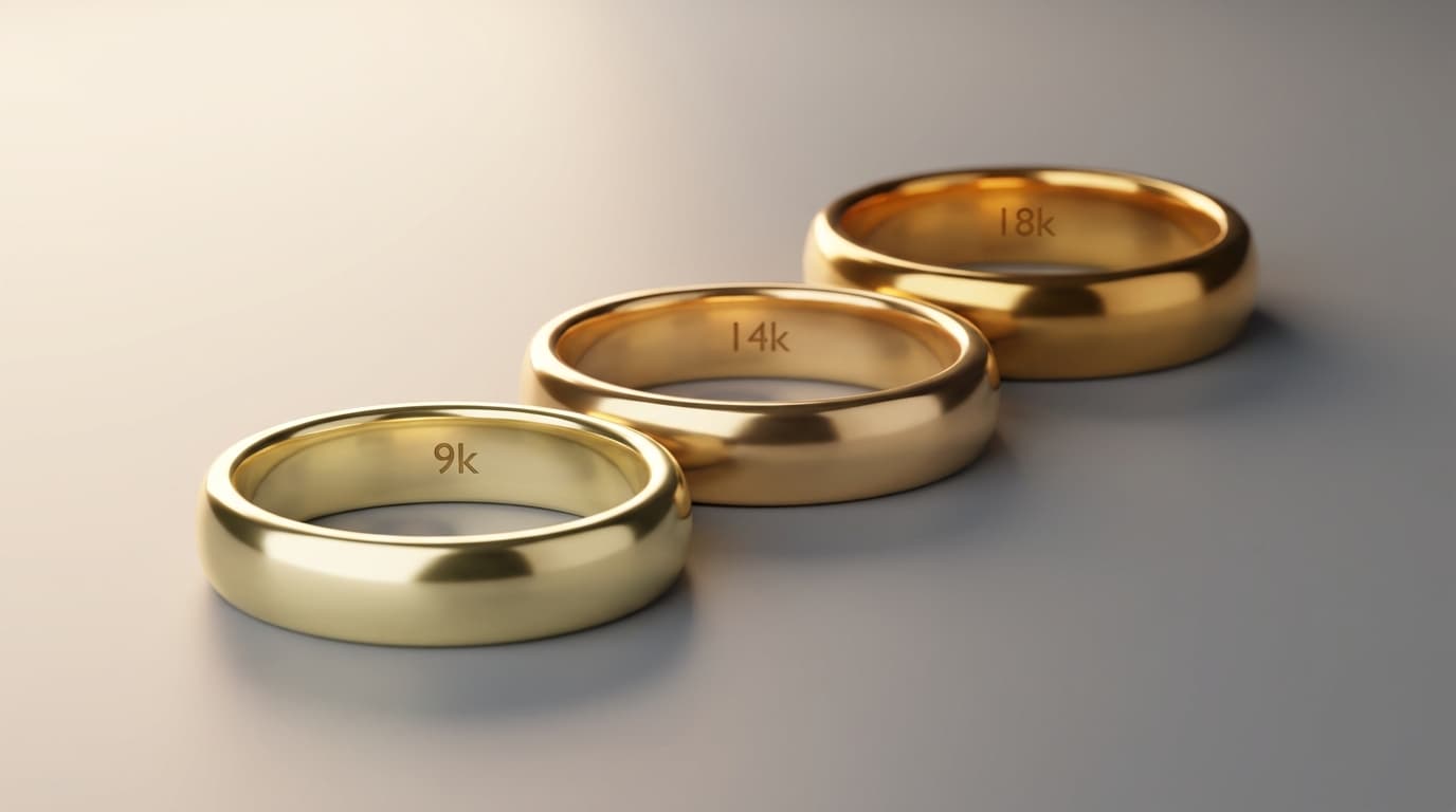 Diferencias entre Oro 9k, 14k, 18k y 24k Comparación de anillos en oro de 9k, 14k, 18k y 24k mostrando diferencias de color