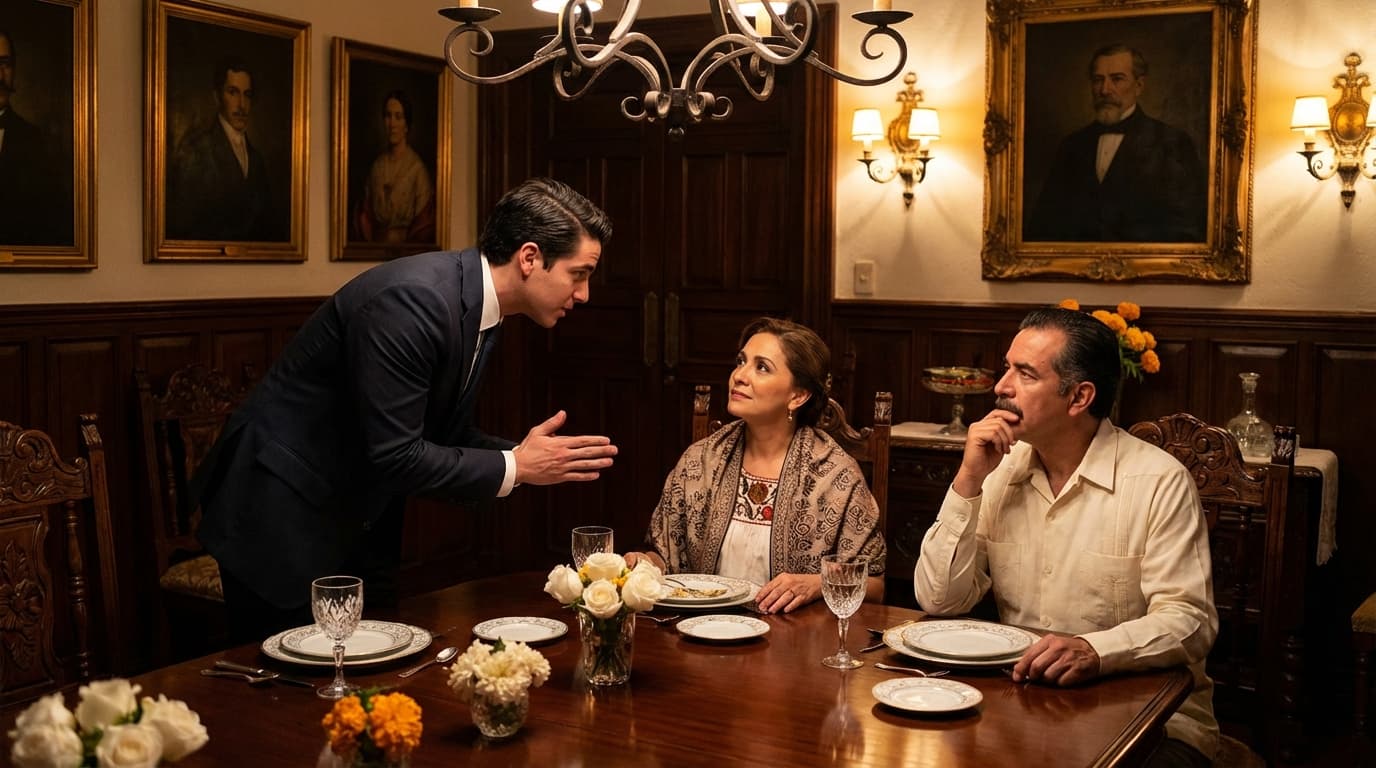 Pedir la Mano a los Padres antes de Proponer Matrimonio Escena familiar elegante, tradición mexicana de pedir la mano a los padres