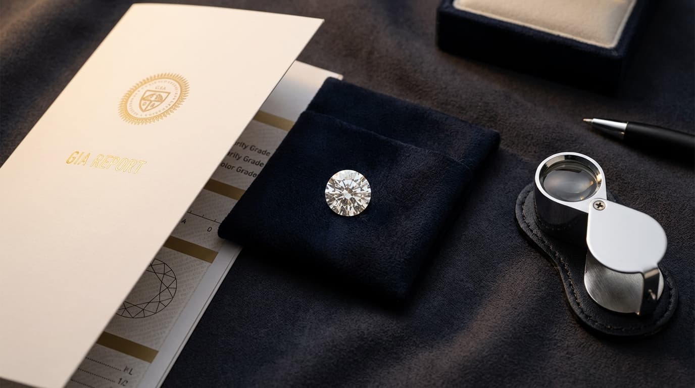 Qué es un certificado GIA de diamantes | Matrimony Certificado de graduación GIA junto a un diamante brillante y una lupa de joyero sobre fondo oscuro