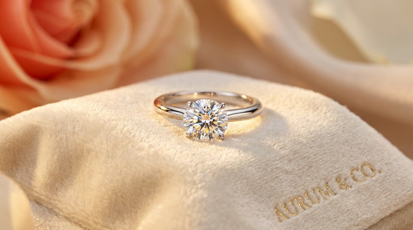 Guía completa para elegir anillo de compromiso 2026 | Matrimony Anillo de compromiso solitario de diamante en oro blanco sobre superficie de terciopelo — guía completa para elegir el anillo perfecto