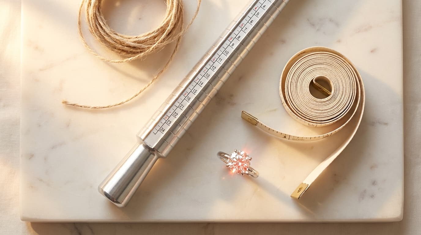 Cómo medir tu talla de anillo en casa | Matrimony Herramientas para medir talla de anillo: mandril, cinta métrica y anillo sobre superficie de mármol