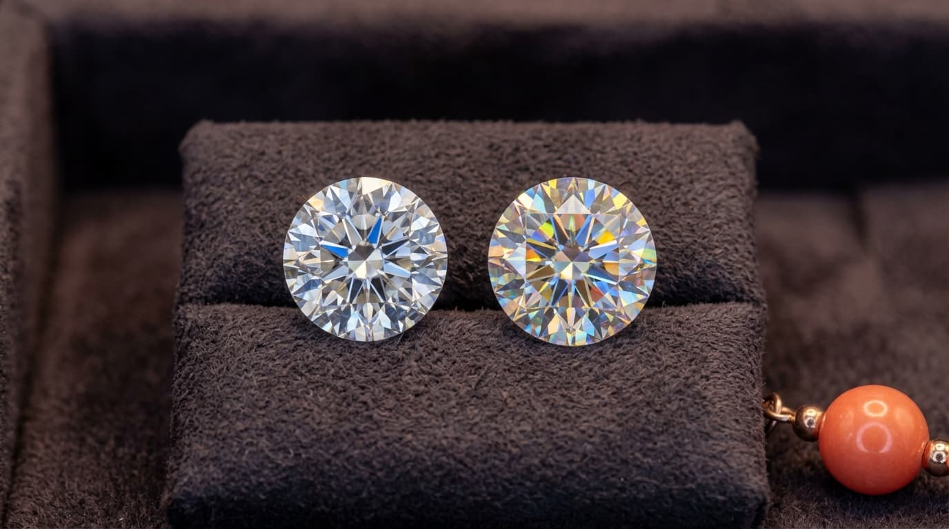 Moissanita vs Diamante — comparativa honesta | Matrimony Comparación visual entre moissanita y diamante: dos piedras brillantes lado a lado mostrando diferencias de brillo y fuego