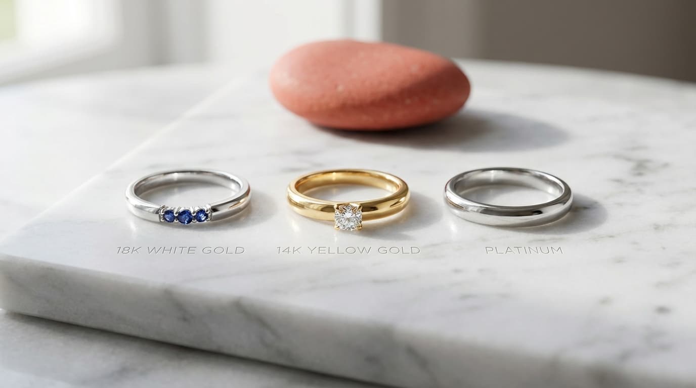 Oro 14K vs 18K vs Platino — comparativa de metales | Matrimony Tres anillos en diferentes metales: oro amarillo 14K, oro blanco 18K y platino sobre mármol crema