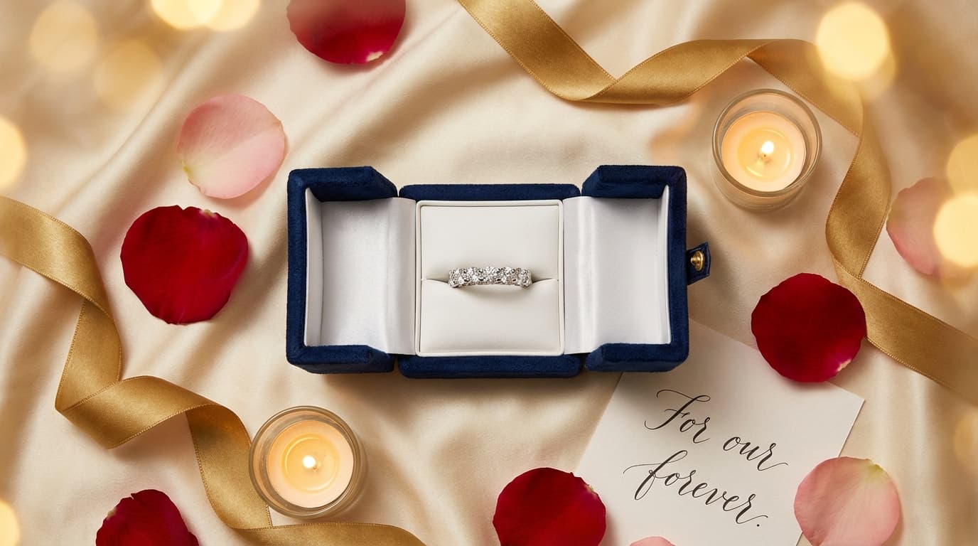 Ideas de regalos de joyería para aniversario | Matrimony Caja de joyería elegante con anillo de eternidad de diamantes, pétalos de rosa y ambiente romántico de velas