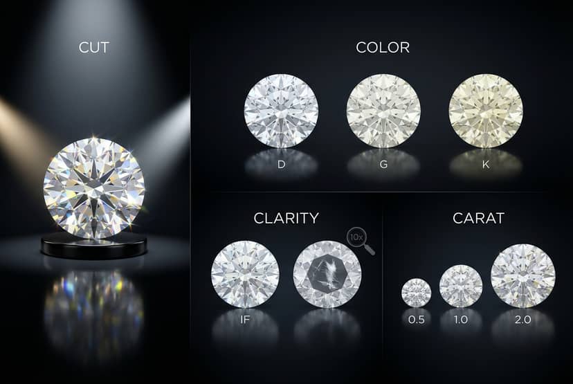 Las 4Cs en un certificado GIA Las 4Cs del diamante explicadas: corte, color, claridad y quilates con ejemplos visuales