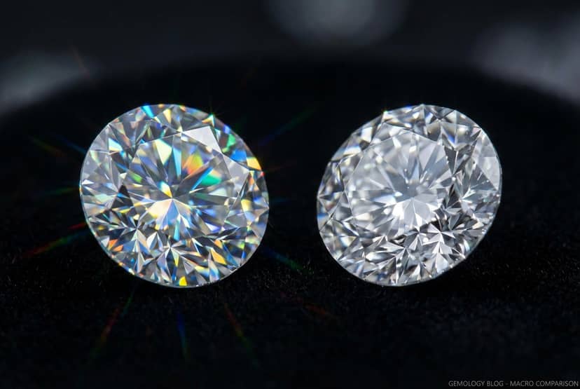 Brillo y fuego: moissanita vs diamante Primer plano de moissanita y diamante mostrando la diferencia de dispersión de luz y fuego entre ambas gemas