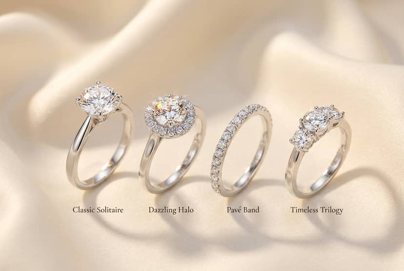 Estilos populares de anillos de compromiso Cuatro estilos de anillos de compromiso: solitario, halo, pavé y trilogy en oro blanco con diamantes