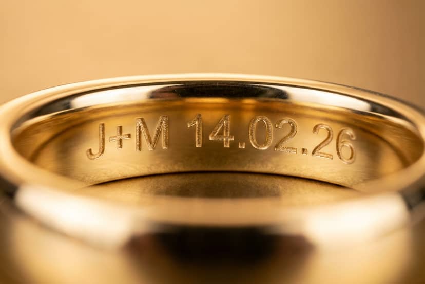 Grabado personalizado en anillos de aniversario Interior de anillo de oro con grabado láser personalizado mostrando fecha e iniciales