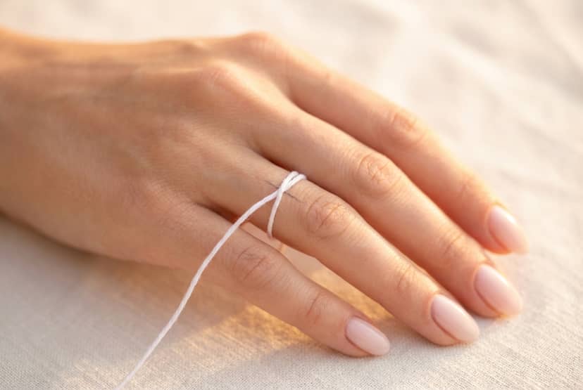 Método del hilo para medir talla de anillo Mano de mujer midiendo el dedo anular con un hilo delgado para determinar la talla de anillo