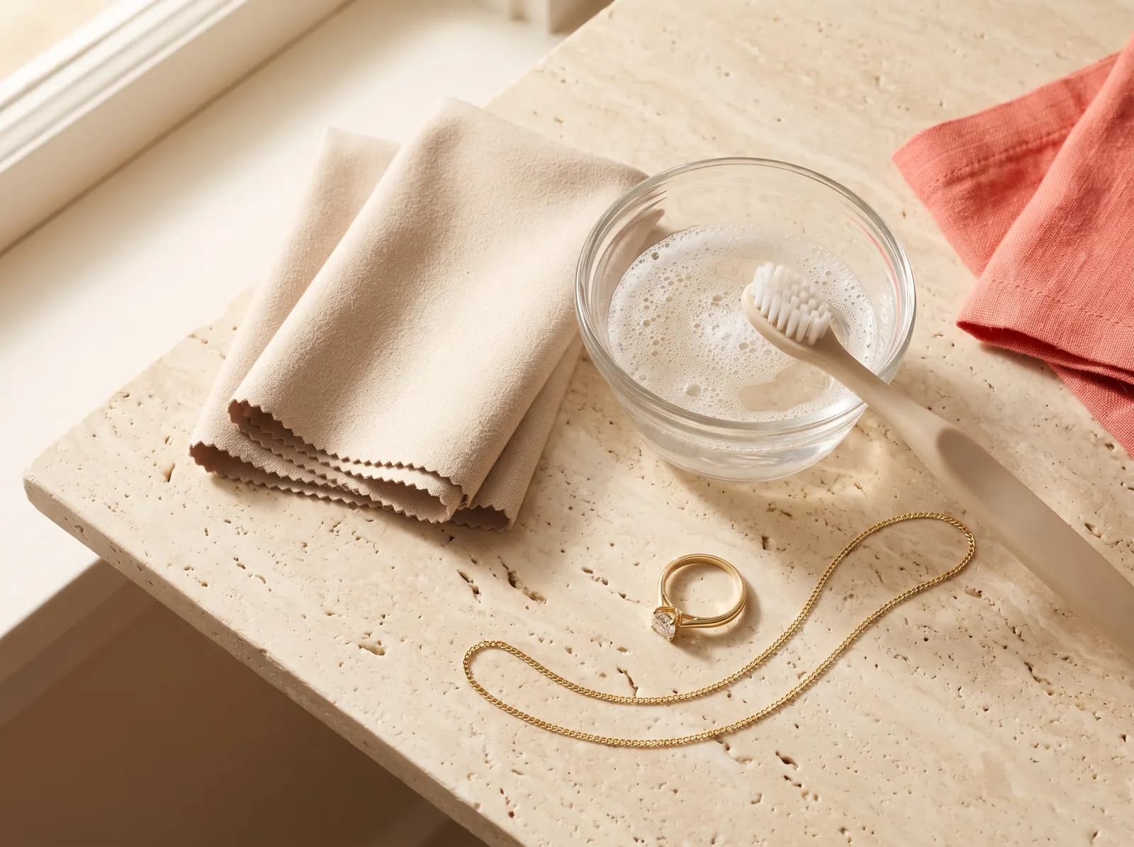 Tazón con agua tibia y jabón, cepillo suave y paño de microfibra junto a un anillo de compromiso de oro y una cadena de oro