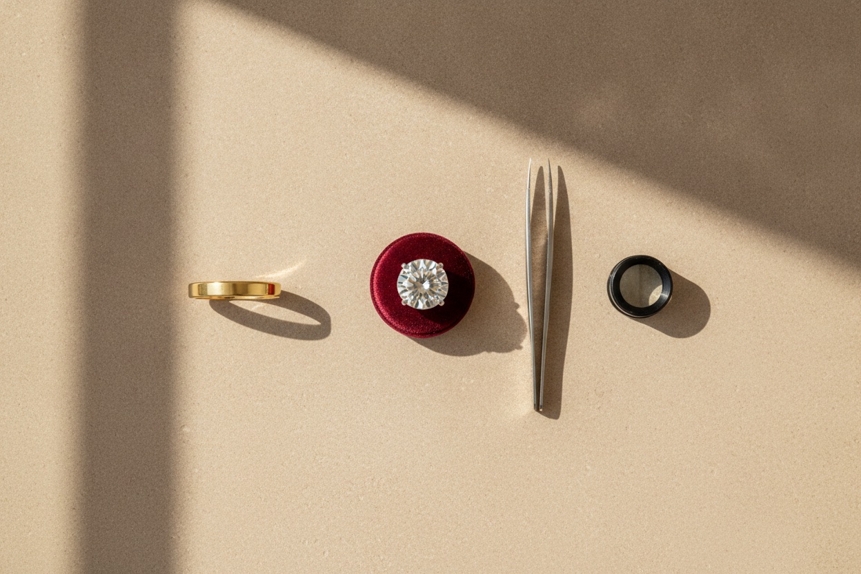Anatomía del precio: diamante suelto, aro de oro y herramientas de joyero ordenados