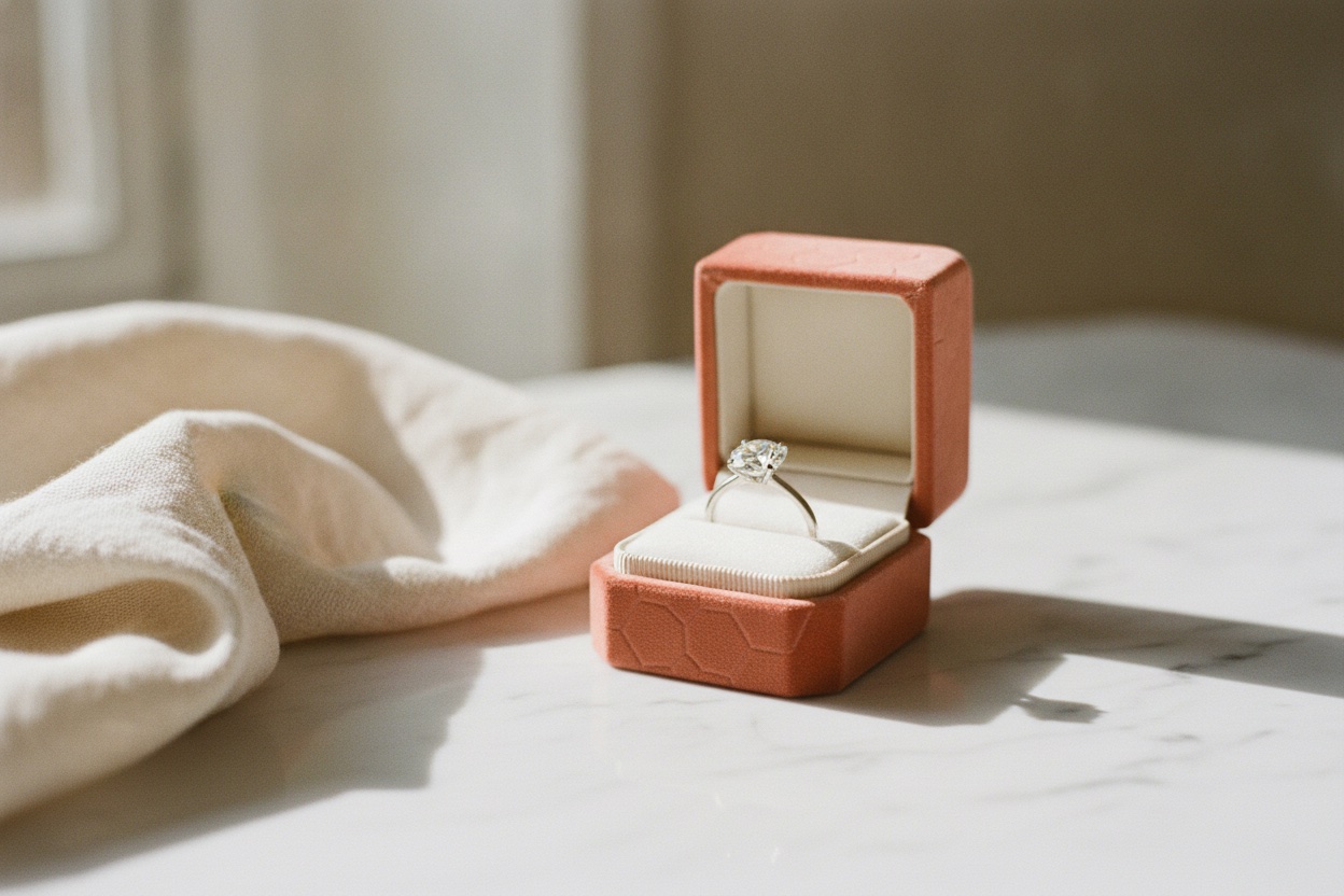 Anillo solitario en caja coral Matrimony abierta sobre mármol
