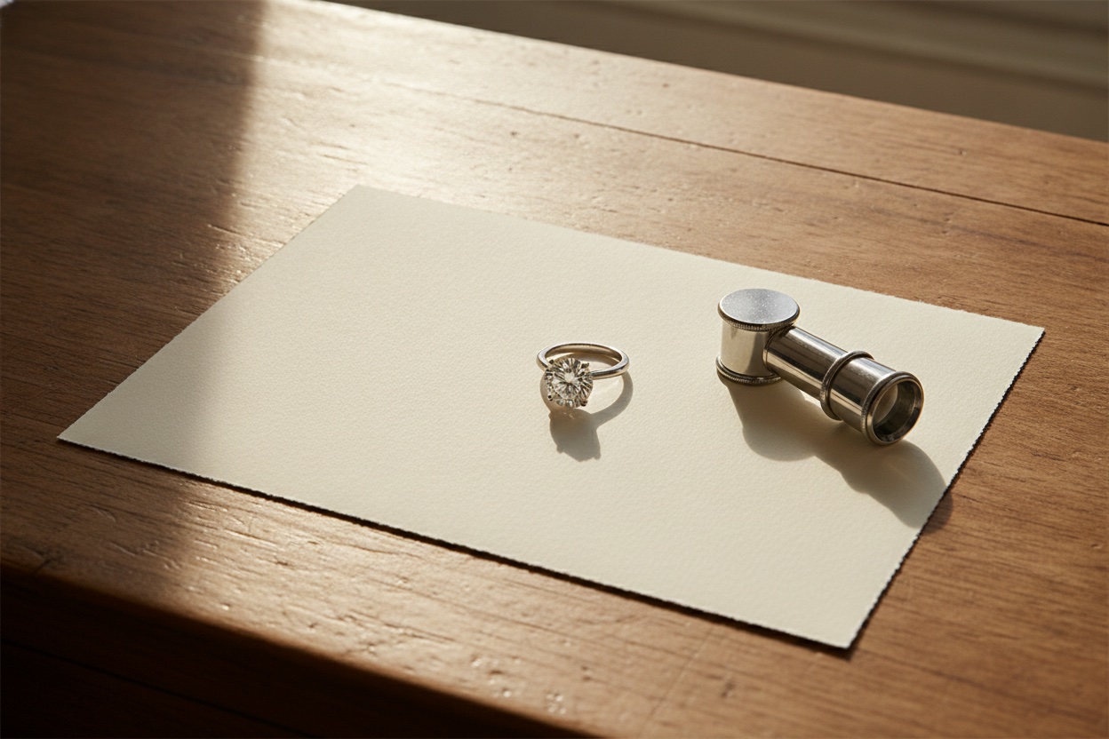 Anillo de compromiso junto a certificado gemológico y lupa de joyero