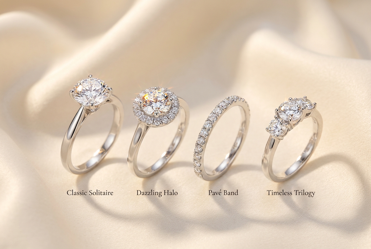 Cuatro estilos de anillos de compromiso: solitario, halo, pavé y trilogy en oro blanco con diamantes