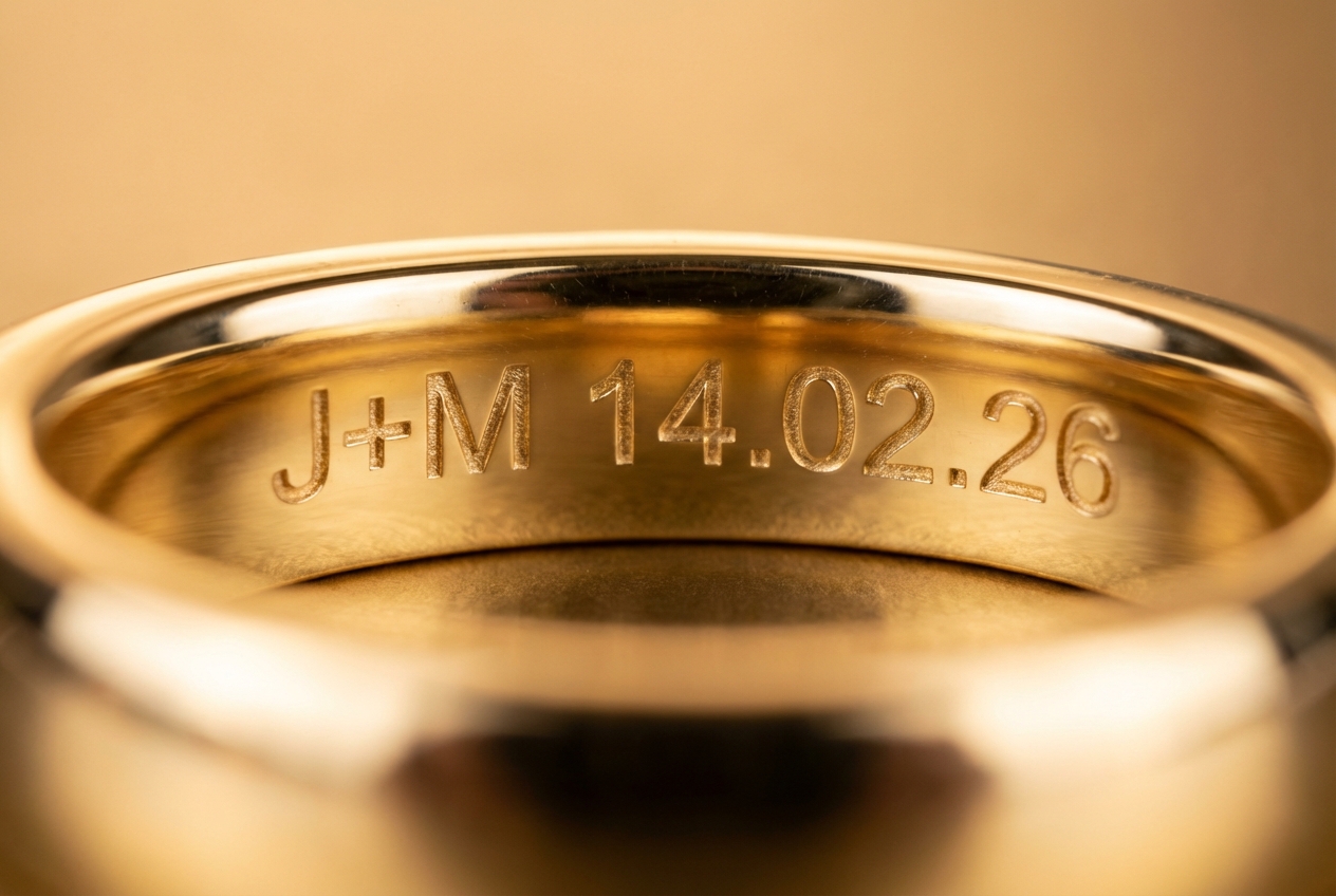 Detalle de grabado láser personalizado en el interior de un anillo de oro con fecha e iniciales