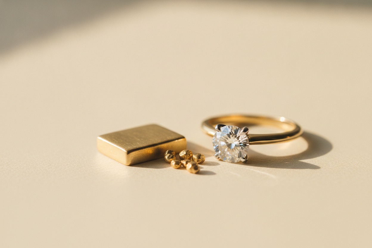 Lingote y granalla de oro junto a un anillo de compromiso terminado