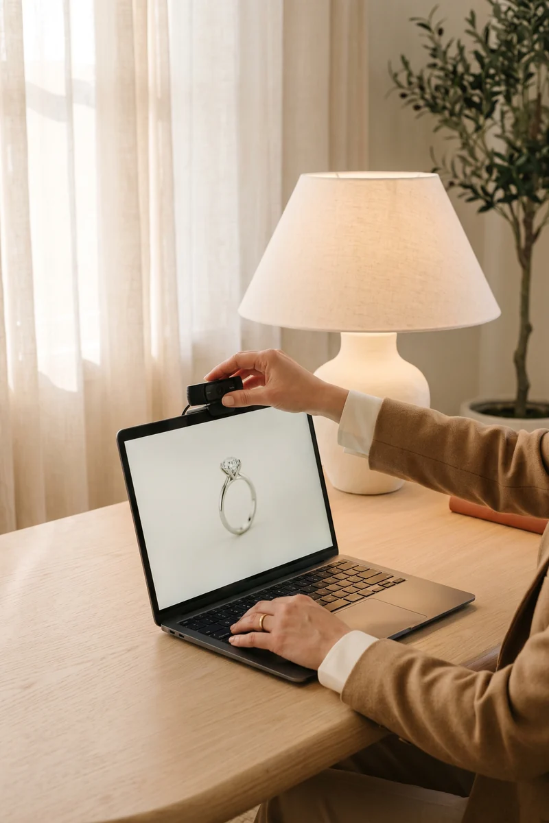 Asesora ajusta la cámara de su laptop para una videollamada, con un anillo en 3D en la pantalla